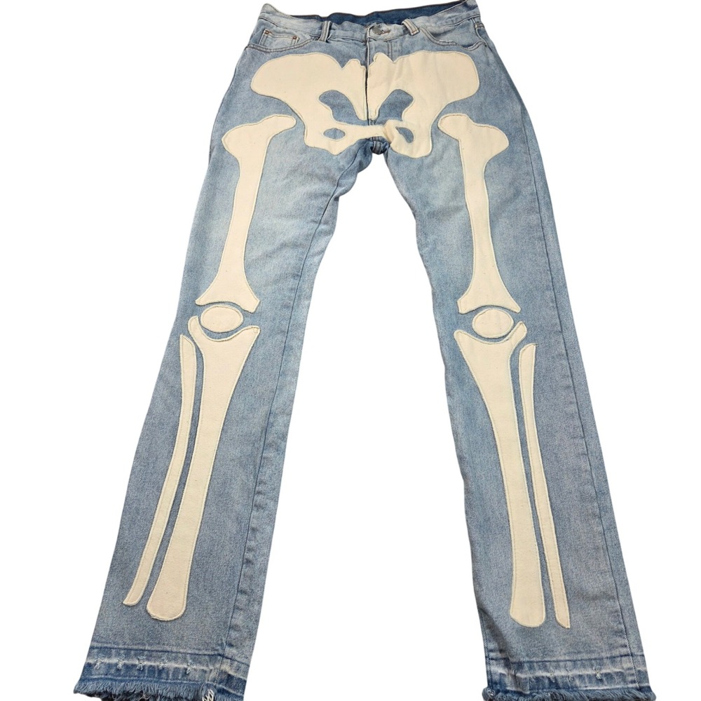 MNML Skeleton Bone Jeans Mens 32 (tag 33) Blue Light Wash Distressed Streetwear